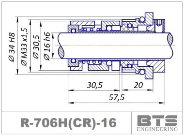 Торцеве ущільнення для Grundfos R-706H(CR) 16, SIC/SIC, VITON, 304 типу Grundfos HQQE, HQQV, HQQK, HQBV, HUBE, HUBV, HQQF &mdash; BTS Engineering