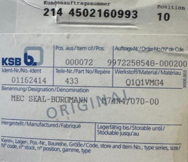 Замена механического уплотнения KSB Omega 150-605 B DD35 G1